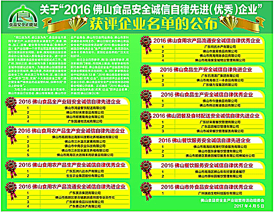 20162016佛山食品安全诚信自律先进（优秀）企业